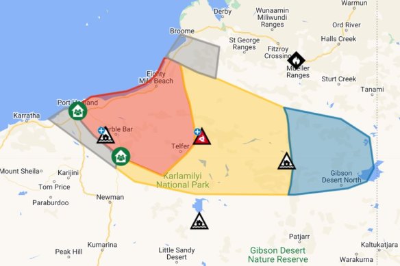 EmergencyWA issued this map of the updated red, yellow and blue alert areas just after 4am (AWST)
