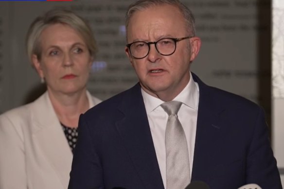 Prime Minister Anthony Albanese addressed the media alongside Environment Minister Tanya Plibersek.