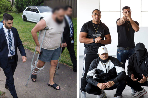 NSW police arrest a man (left) in January over an alleged plot to kill members of the rap group OneFour (right).