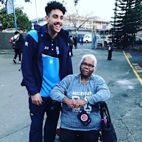 St George Illawarra debutant Tyrell Sloan with his grandmother, Colleen.