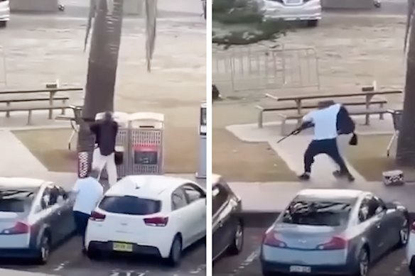 Sajid Akram wielding a shotgun at Bondi Beach as he is tackled by Ahmed al Ahmed.