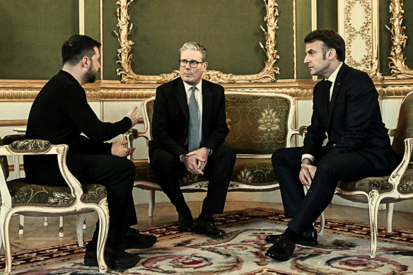 Zelensky with British Prime Minister Keir Starmer and French President Emmanuel Macron in London on March 2.