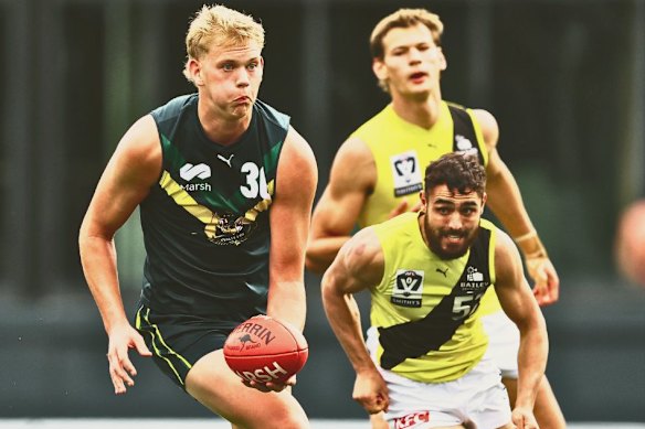 Harry Van Hattum is out of opponents’ reach during an AFL national academy game between the Australian under-18s and Richmond VFL in April.