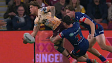 Charnze Nicoll-Klokstad’s tackle on Reece Walsh.