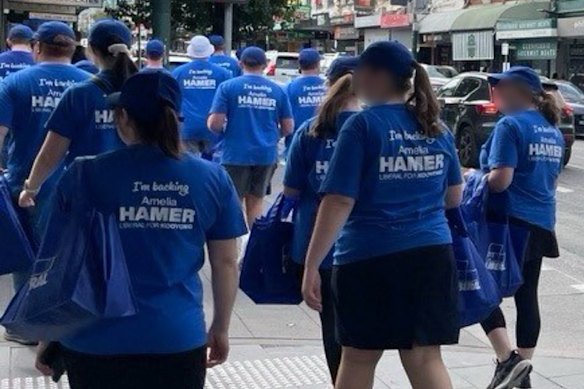 Brethren members wearing short skirts, shorts and Liberal candidate T-shirts in the seat of Kooyong during the 2025 campaign.