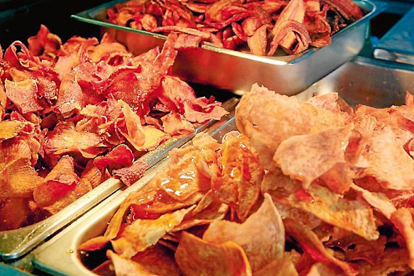 Taro chips, sweet potato chips and banana chips. 