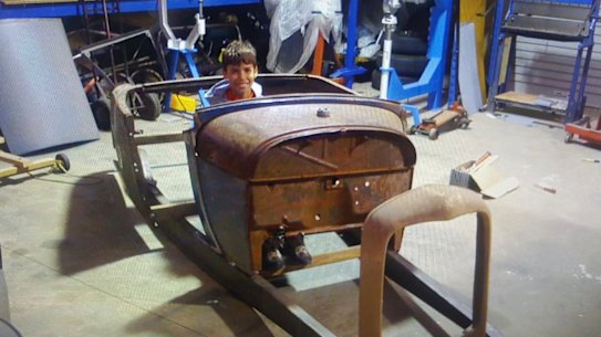 Alex Morris, aged 12, Alex Morris, aged 12, in his first hot rod project.
