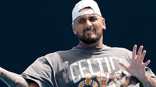Nick Kyrgios powers a forehand.