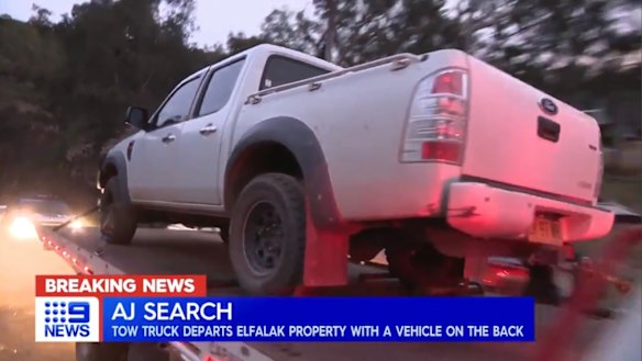 A white Ford ute is seized during the search for missing child AJ Elfalak. 