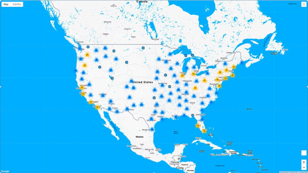 Map of pro-impeachment protests to be held across the US. Colours indicate concentration of events as listed by  moveon.org.