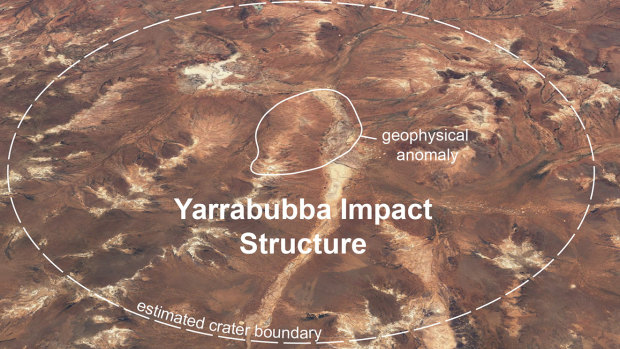 Yarrabubba today. Superimposed on top is the estimated crater. The 'lump' is indicated in the centre.