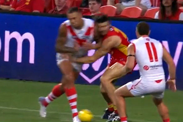 Lance Franklin’s bump on Sam Collins.