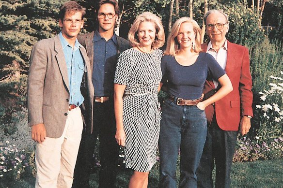 Tell me this doesn’t have big Succession opening credits vibes. (left to right): Lachlan Murdoch, James Murdoch, Anna Murdoch, Elisabeth Murdoch and Rupert Murdoch.