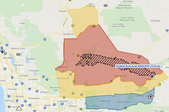 The alert areas as at 12.51pm. Refer to Emergency WA for current information.