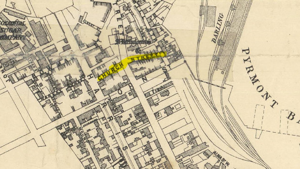 A map showing Church Street which no longer exists in in Pyrmont.