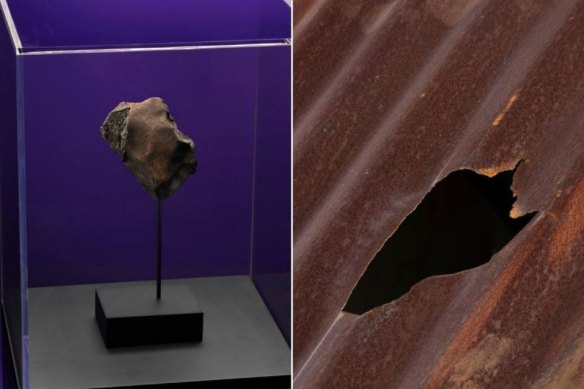 The meteorite (L) and the seven-inch hole (R).
