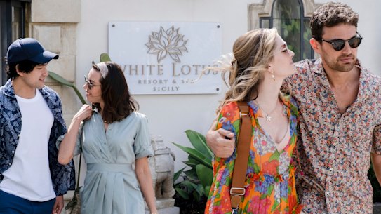 The worst of friends. Holidaying American couples, from left, Ethan Spiller (Will Sharpe) and Harper (Aubrey Plaza), with Daphne Sullivan (Meghann Fahy) and Cameron (Theo James) in The White Lotus.