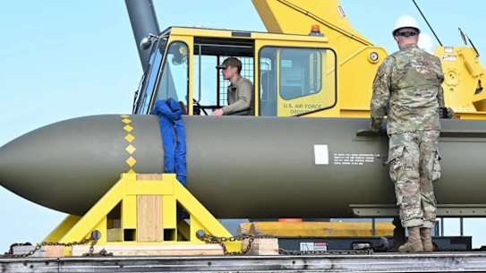 US personnel manoeuvre a GBU57 bomb, known as the Massive Ordnance Penetrator, in 2023.