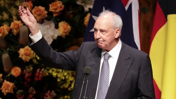 Former prime minister Paul Keating speaks at the state memorial service for Bob Hawke.