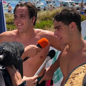 Brothers Nic and Will Rollo were the first duo to cross the line at the Rottnest Swim. 