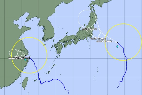 Typhoon Nepartak, right, off the coast of Japan on Monday. On the left is typhoon In-Fa which has already caused havoc in China.