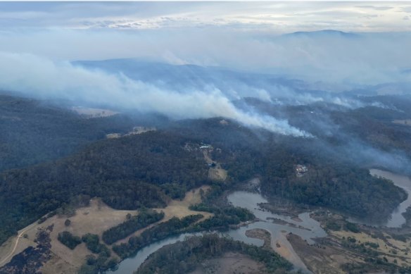 The Coolagolite fire burning near homes late on Wednesday morning.