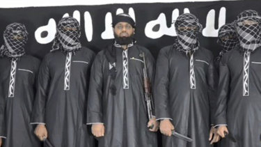 Image from Islamic State that purports to show Mohammed Zahran, or Zahran Hashmi, centre, who Sri Lanka says led the Easter Sunday attacks. 