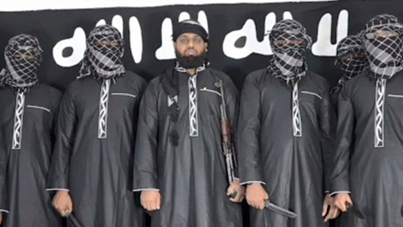 Image from Islamic State that purports to show Mohammed Zahran, or Zahran Hashmi, centre, who Sri Lanka says led the Easter Sunday attacks. 