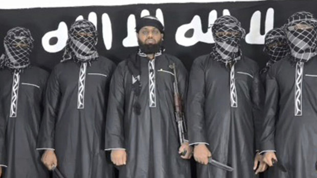 Image from Islamic State that purports to show Mohammed Zahran, or Zahran Hashmi, centre, who Sri Lanka says led the Easter Sunday attacks. 