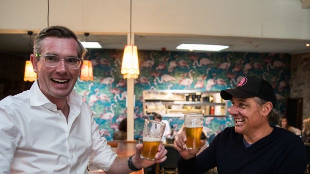 NSW Treasurer Dominic Perrottet having a beer with the owner Justin Small at The Balmain last week. 