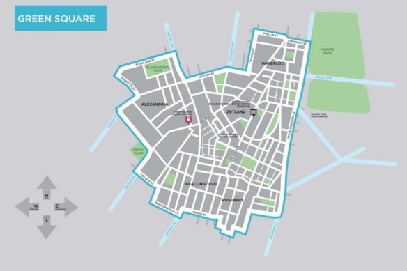 A map of the Green Square urban renewal area, which runs from Waterloo in the north to Beaconsfield and parts of Rosebery in the south.