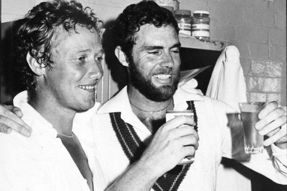 Kim Hughes and Greg Chappell celebrating a win in 1981