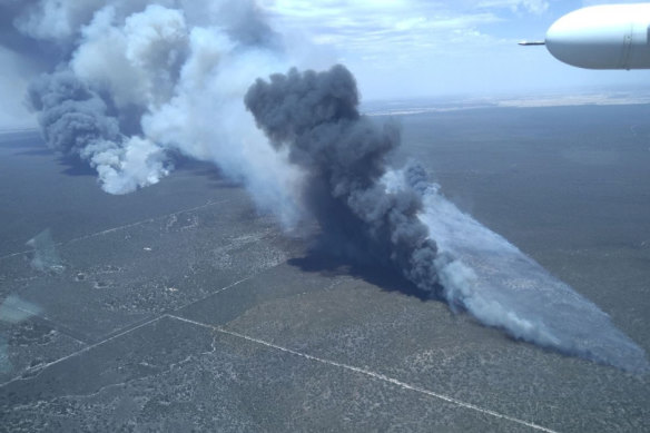 The Little Desert fire burning out of control on Monday.