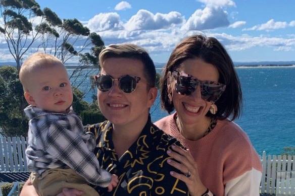 April Long (left) with their partner Kelly Coelho, and their son Kaison. Long, who identifies as non-binary, has lodged a complaint with the Australian Human Rights Commission that the census failed to count them and their family accurately. 