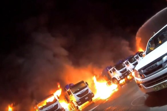 A fleet of garbage trucks went up in flames on Tuesday night.