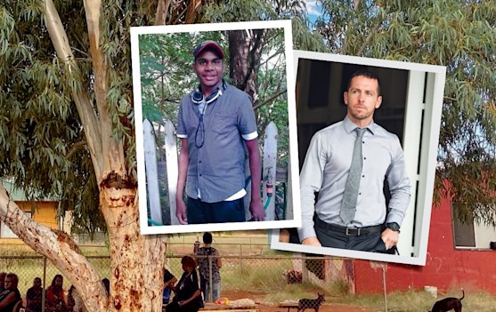 The red house (at right) at Yuendumu where Kumanjayi Walker (inset left) was shot dead by Constable Zachary Rolfe (inset right).