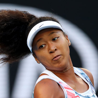 Osaka sends down a forehand at the 2020 Australian Open.