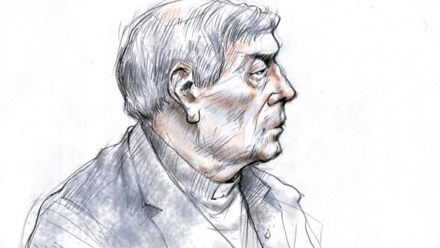 A sketch of Cardinal George Pell in the courtroom during an earlier hearing. On Wednesday he wore an open-necked shirt.