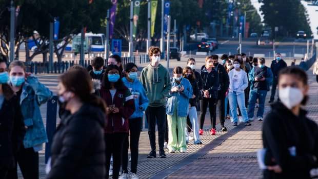 Western Sydney students lining up to be vaccinated at Sydney Olympic Park earlier this month.