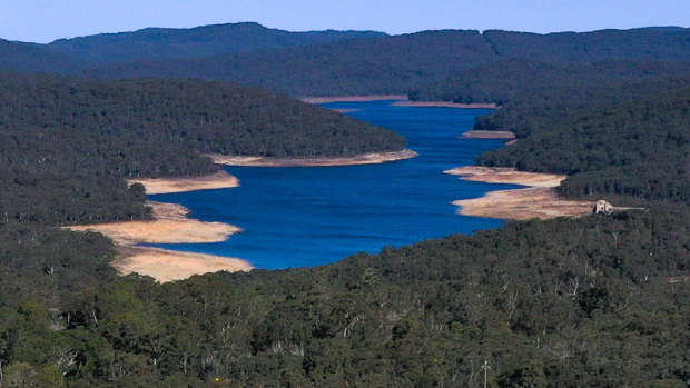 Cordeaux Reservoir, part of Sydney's water catchment, was just 41 per cent full this week. The city's water storages in total are on track to drop below half full in August.