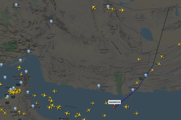 A flight tracking website shows a RAAF Hercules aircraft heading from Australia’s forward operating base in the United Arab Emirates towards Afghanistan. 