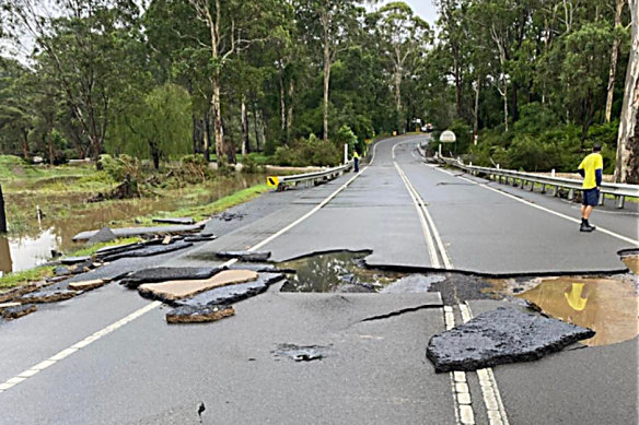Flood damage at Cattai Ridge Road at Maraylya, in Sydney’s outer north-west, on Wednesday.