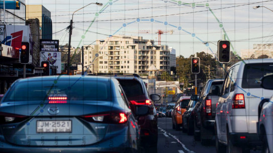 Composite image of traffic and graph of traffic returning to pre-pandemic levels