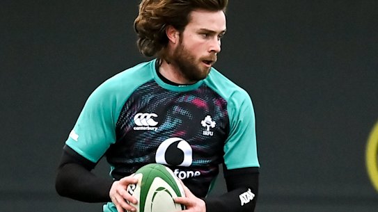 Mack Hansen training with Ireland ahead of his Test debut.
