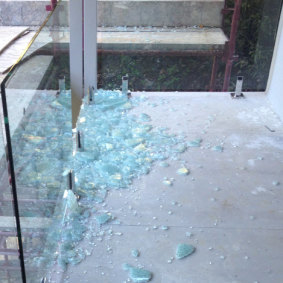 The smashed balcony following a quarry blast.