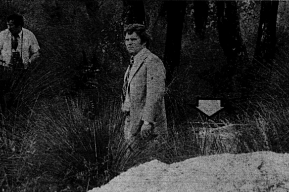 A photo from the scene that appeared on the front page of the West Australian in October 1974. The arrow indicates the refrigerator.