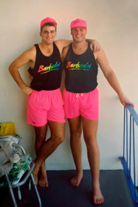 Warne and Berry in their pink shorts on a youth tour of the West Indies.