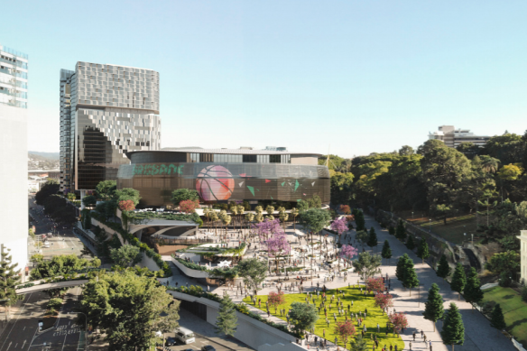 Concept art of the proposed Brisbane Live arena above the new underground Roma Street station.