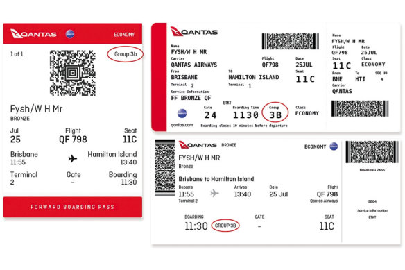 Boarding passes showing a zoned process for getting on flights, currently being trialled in Brisbane.