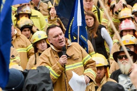 United Firefighters Union secretary Peter Marshall speaking at a rally outside parliament in 2016.